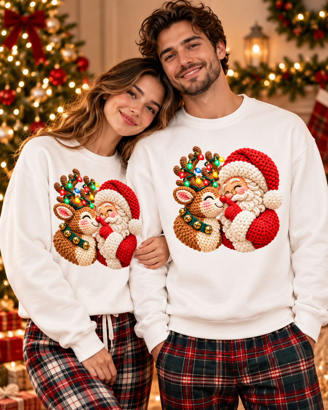 Matching Christmas Sweatshirts for Couples – Cute Santa & Reindeer Crochet Style – Cozy Holiday Couple Gift