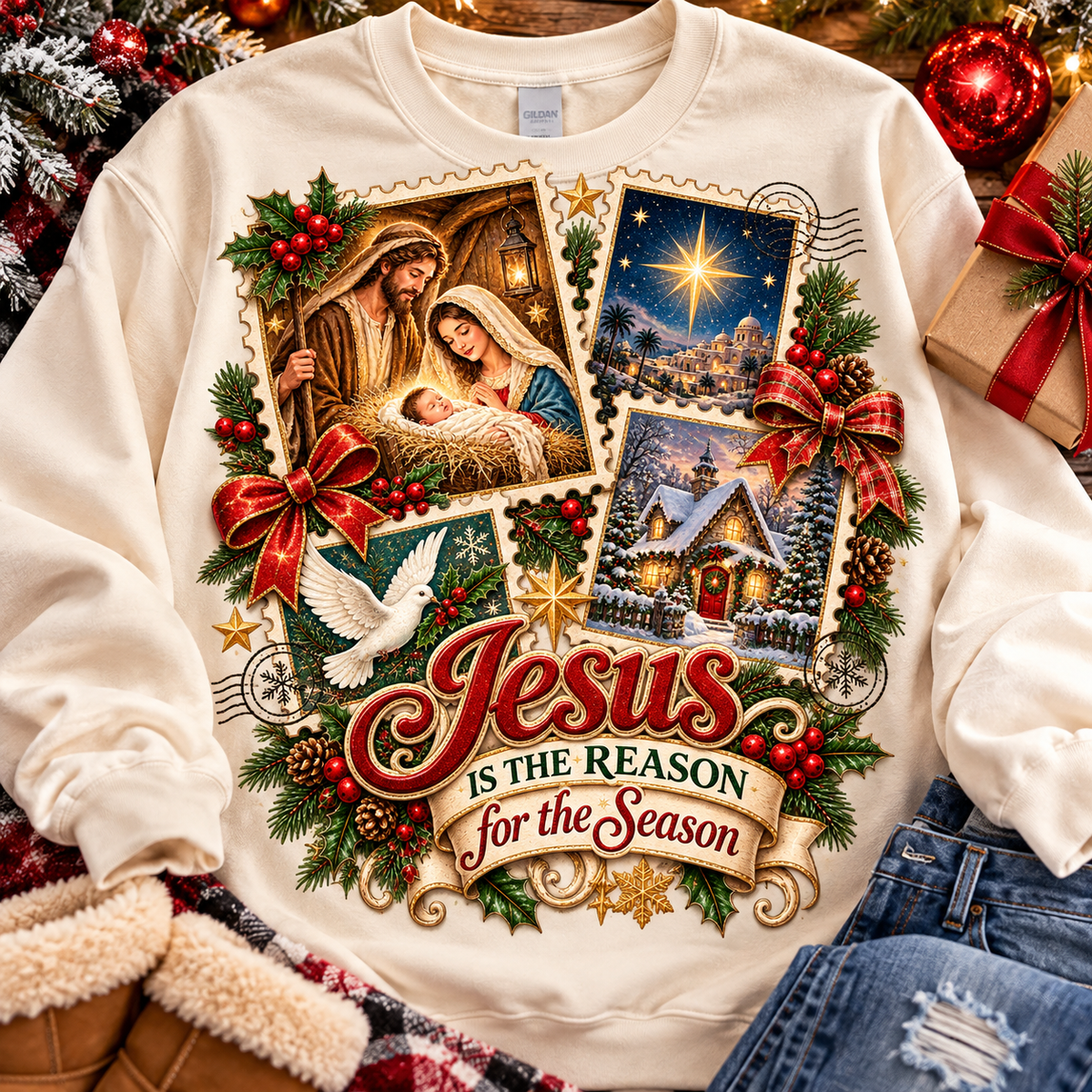 Jesus Is the Reason for the Season Christmas Sweatshirt – Vintage Nativity Christian Holiday Sweater
