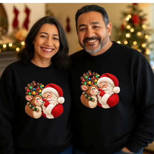 Matching Christmas Sweatshirts for Couples – Cute Santa & Reindeer Crochet Style – Cozy Holiday Couple Gift